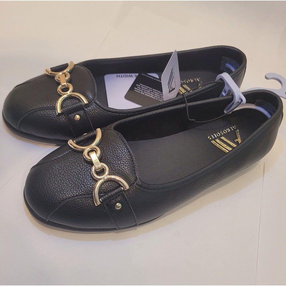 Aerosoles Women's Black Slip On Loafer Flats Gold Buckle Wide Width Size 9W NEW